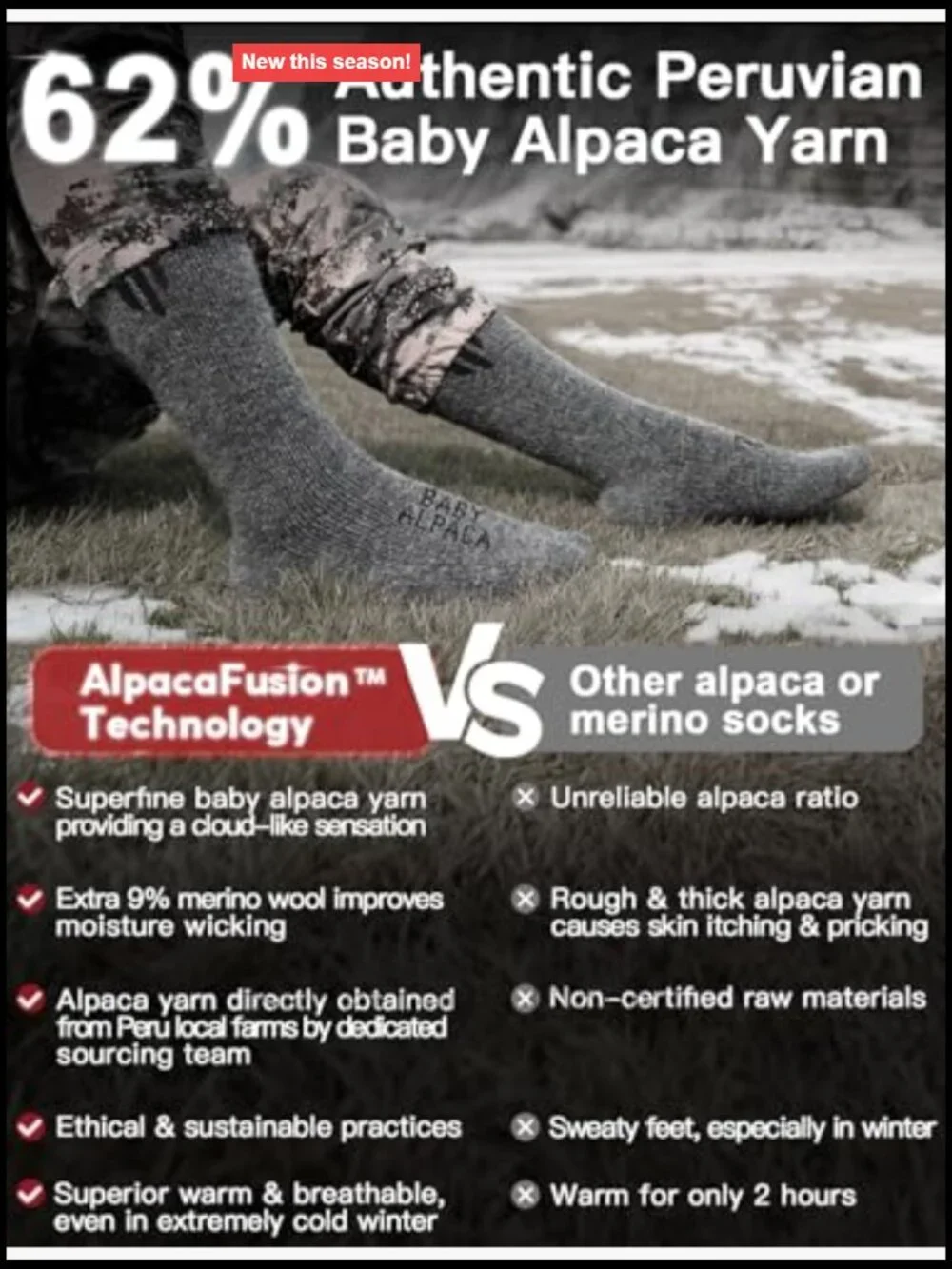 Heavyweight Alpaca Wool Boot Socks Hiking Hunting Moisture Wicking
